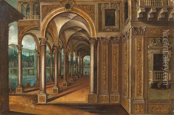 Palace Architecture With Figures. Oil Painting - Paul Vredeman de Vries