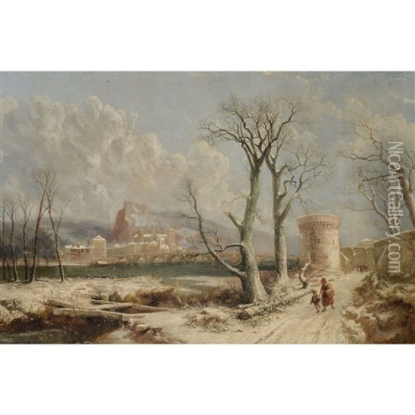 Winter Landscape With River Fort Oil Painting - Joseph Paul Pettitt