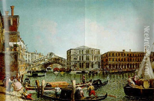 The Rialto Bridge, Venice, Seen From The North With The Fondaco Dei Tedeschi Oil Painting - Michele Marieschi
