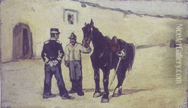 Oppasser, Der Kommer Med Officerens Hest Oil Painting - Giovanni Fattori