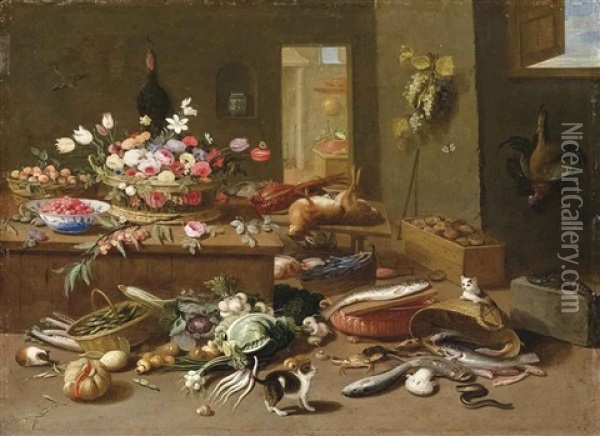 A Basket Of Flowers And Bowl Of Strawberries On A Wooden Table, A Lobster, Crab, Eel And Other Fish On The Floor With Cats And Dead Game, In A Larder Oil Painting - Jan van Kessel the Elder