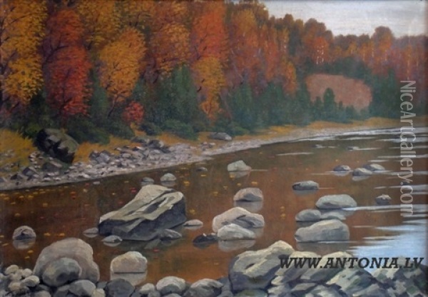 Rocky River Oil Painting - Arnold Tigins