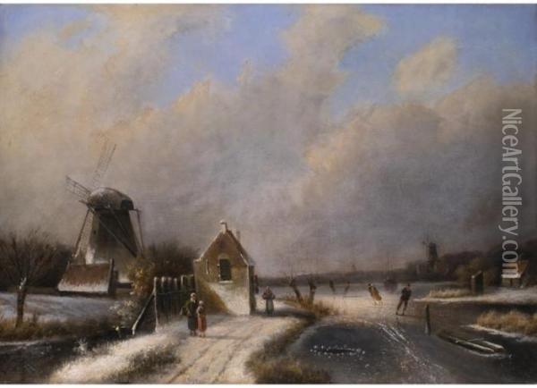Hollandische Winterlandschaft Mit Schlittschuhlaufern Und Windmuhlen Oil Painting - Jan Jacob Coenraad Spohler