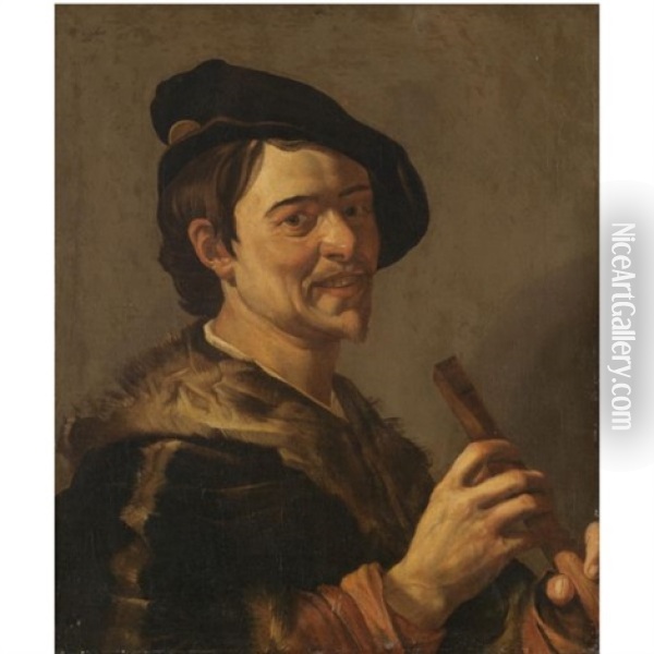 A Portrait Of The Artist Holding A Flute Oil Painting - Dirck Van Baburen
