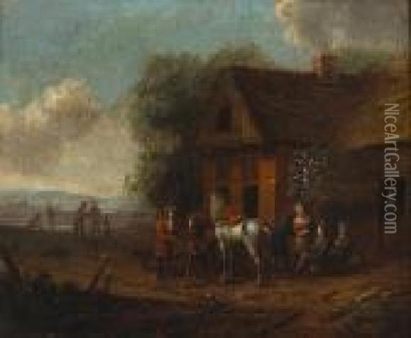 Figures And Horses Outside An Inn In An Extensive Landscape Oil Painting - Barend Gael or Gaal