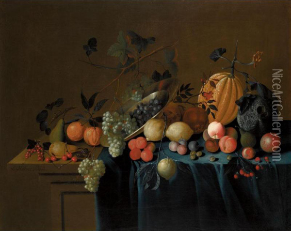 Still Life Of Fruit On A Draped Ledge Oil Painting - Louis, Lewis Hubner