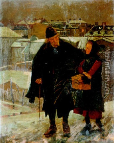 Grosvater Mit Enkel In Winterlicher Stadt Oil Painting - Karl Behm