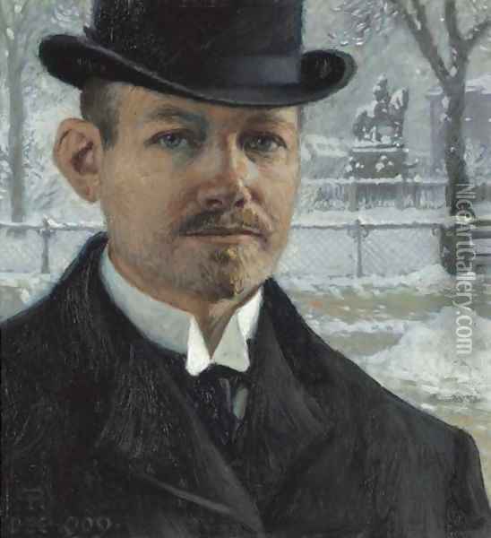 Self-portrait, Nytorv in Winter Oil Painting - Paul-Gustave Fischer