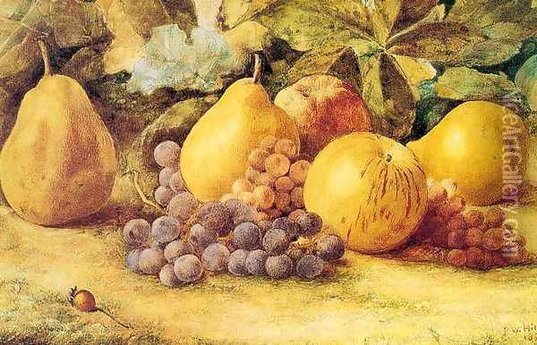 Apples, Pears, and Grapes on the Ground Oil Painting - John William Hill
