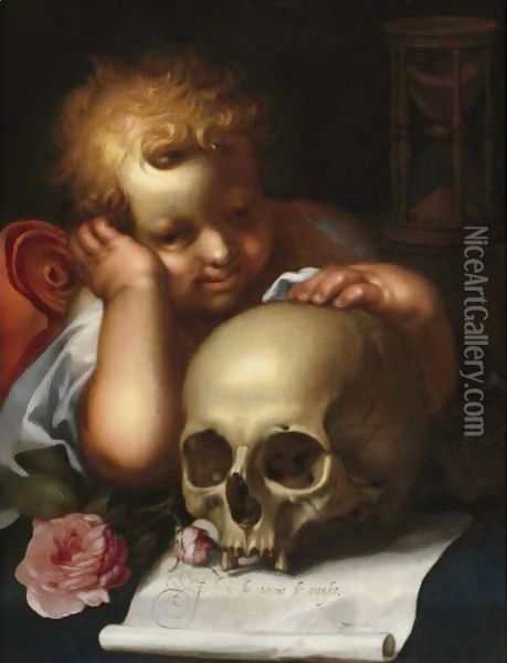 Vanitas With A Putto Resting His Hand On A Skull Oil Painting - Abraham Bloemaert