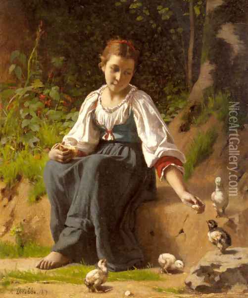 A Young Girl feeding Baby Chicks Oil Painting - Francois Alfred Delobbe