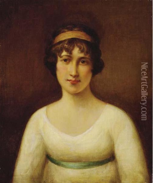 Portrait Of A Lady, Bust Length, In A White Dress Oil Painting - John Hoppner