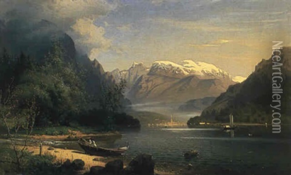 Norskt Fjordlandskap Med Batar Oil Painting - Albert Soult Berg