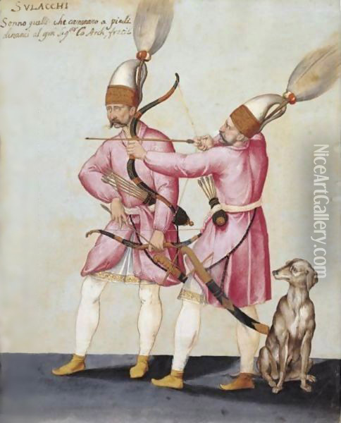 Two Solak Archers With A Dog Oil Painting - Jacopo Ligozzi