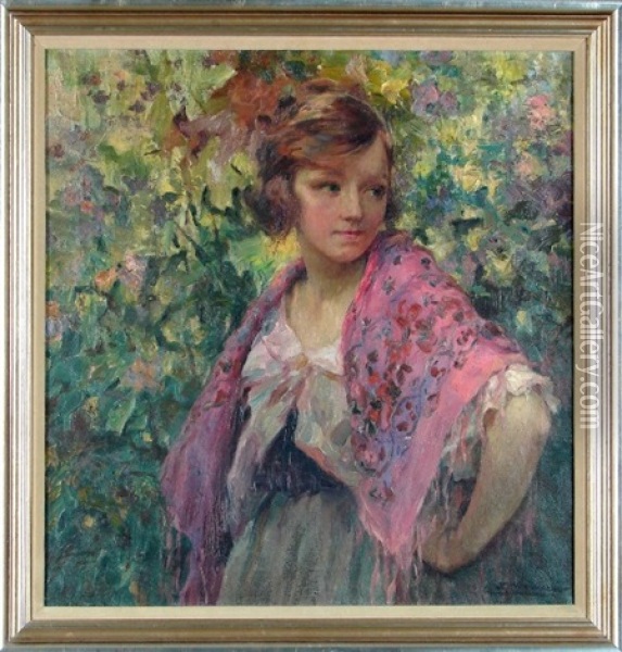 A Girl With Shawl Oil Painting - Luis Graner y Arrufi