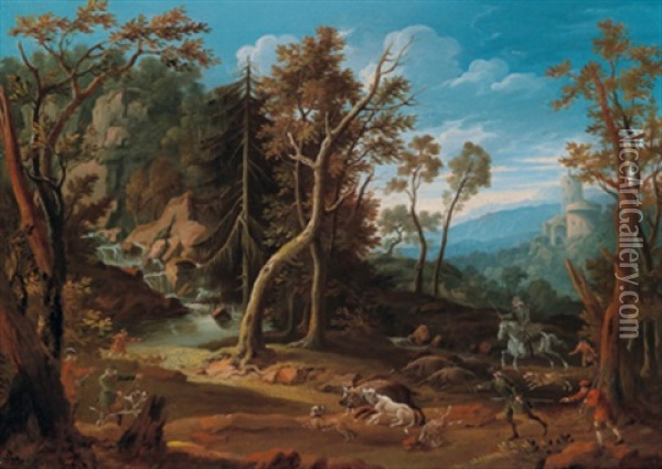 Eine Saujagd In Einer Bewaldeten Landschaft In Der Nahe Eines Wasserfalls Oil Painting - Pandolfo Reschi
