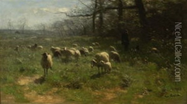 Hirte Mit Schafen Auf Der Weide Am Waldrand Oil Painting - Francois Pieter ter Meulen