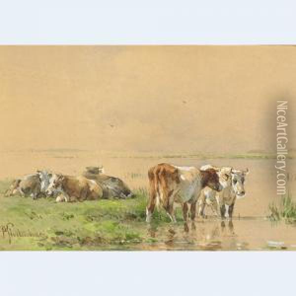 Cattle Resting And Watering Oil Painting - Pieter Stortenbeker