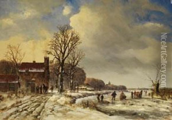 Verschneite Hollandische Landschaft Mit Vereistem Fluss Undfigurenstaffage Oil Painting - Arnoldus Johannes Eymer