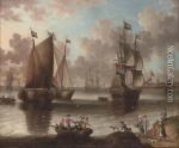 A Dutch Warship And Fishing Vessels In A Calm Oil Painting - Abraham Storck