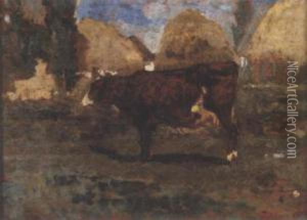 A Cow Standing Beside Hay-ricks Oil Painting - Tina Blau