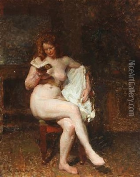 A Reading Female Nude Oil Painting - Julius Paulsen