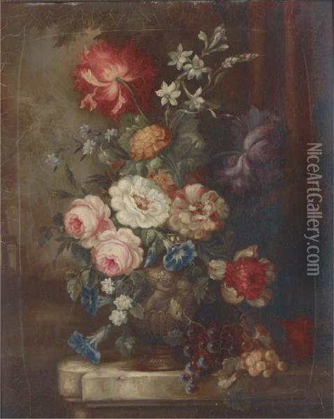 Roses, Petunias, Dahlias, 
Campanulae And Other Summer Flowers In Anornamental Urn With Bunches Of 
Grapes On A Garden Plinth Oil Painting - Jan Van Huysum