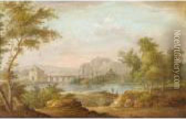 A River Landscape With Fishermen And A Bridge Beyond Oil Painting - Peter Von Bemmel