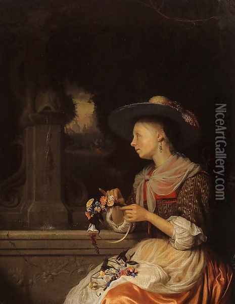 Young Woman Weaving a Garland Oil Painting - Godfried Schalcken