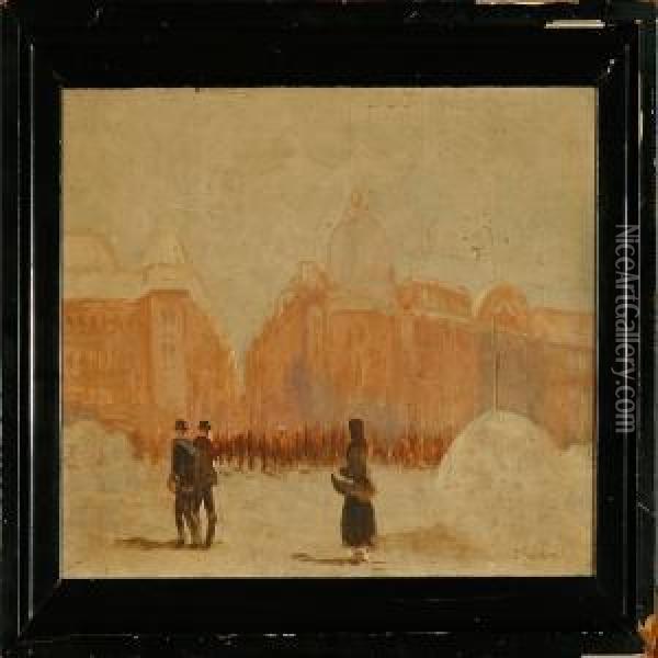 Street Scene From An European City At Winter Time Oil Painting - John Ruskin