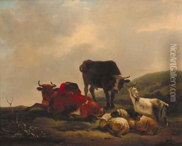 A landscape with a herdsman resting amongst cattle and sheep Oil Painting - Jean Francois Le Gillon