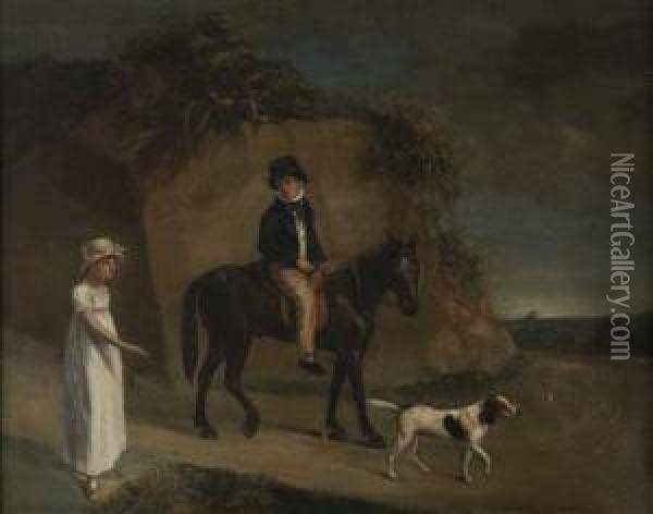 Portrait Of A Boy On A Pony And A Girl In A White Dress On Apath Oil Painting - William Novice