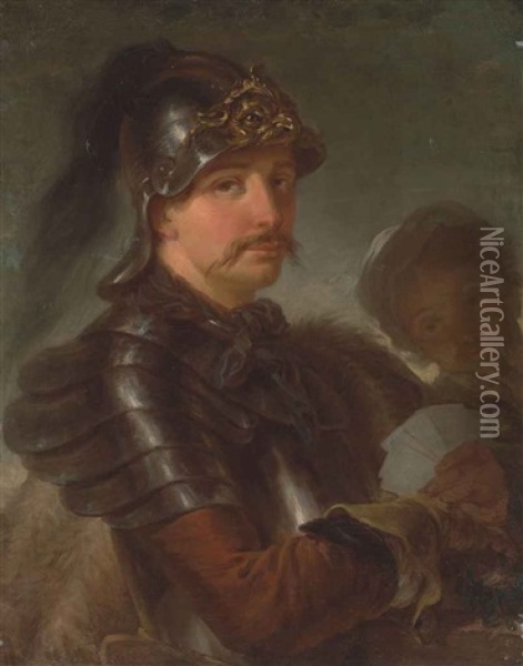 Portrait Of A Man, Half-length, In Armour, Wearing A Helmet And A Fur Cape, Holding A Set Of Playing Cards In His Left Hand Oil Painting - Stefano Torelli