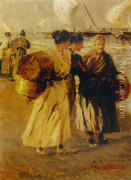 Fisherwomen On The Beach Oil Painting - Salvador Martinez Cubells