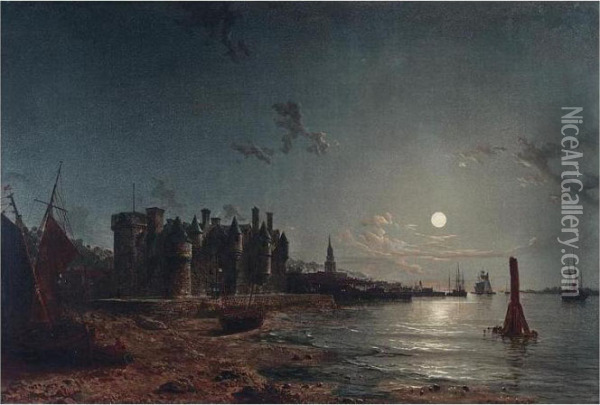 A Moonlit Estuary Oil Painting - Henry Pether