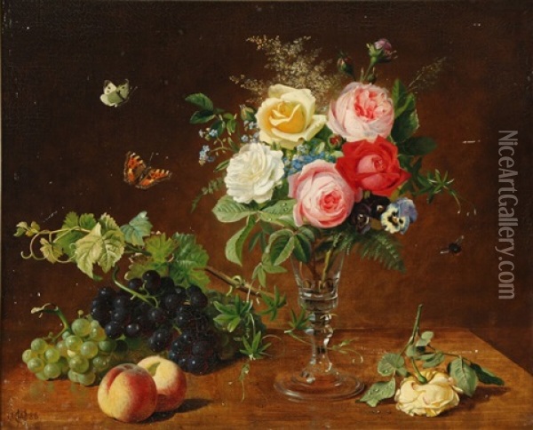 Still Life With Colourful Roses In A Glass Vase, With Grapes, Peaches And Insects Oil Painting - Olaf August Hermansen