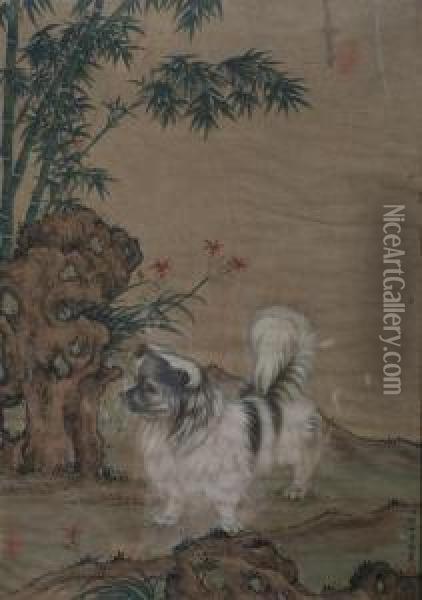 Peking Dog And Bamboo Oil Painting - Lang Shih-Ning