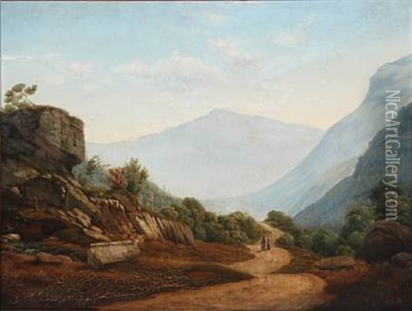 Mountain Landscape With People Walking On A Street Oil Painting - Anton Edvard Kjeldrup