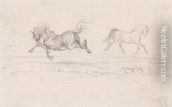 Two Stallions Oil Painting - Adolph von Menzel