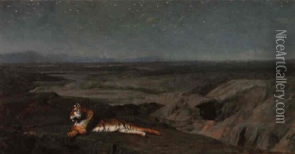 Tigre Couche, Au Clair De Lune Oil Painting - Jean-Leon Gerome