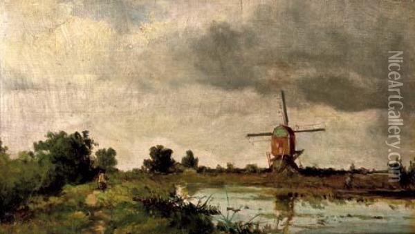 A Windmill In A Dutch Landscape Oil Painting - Jan Hendrik Weissenbruch