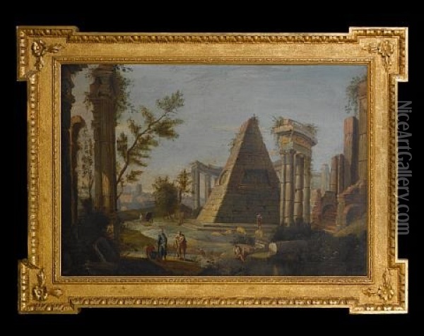 A Capriccio Of Classical Roman Ruins Oil Painting - Francesco Battaglioli