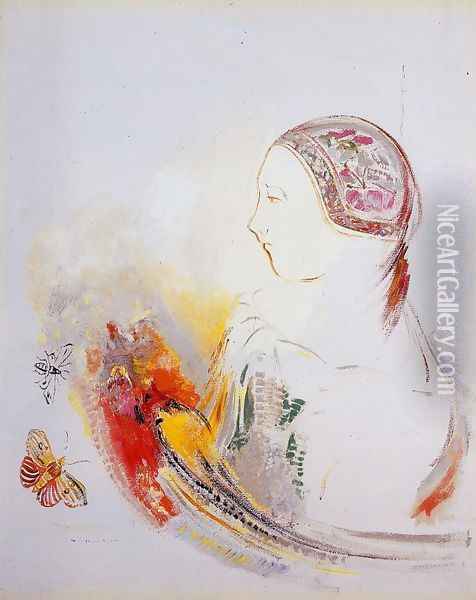 Profile Of A Child Aka Profile Of A Girl With Bird Of Paradise Oil Painting - Odilon Redon