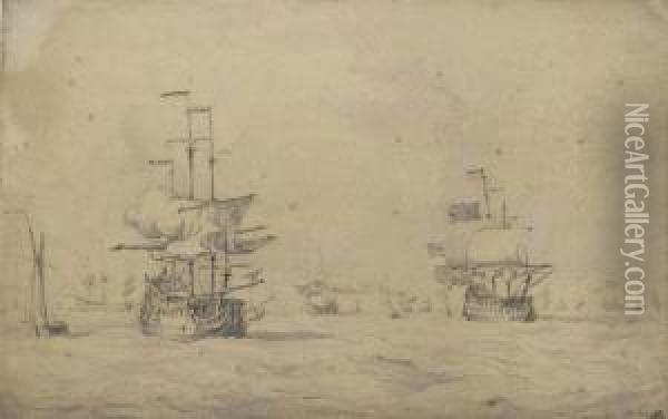 A Fleet Of Men O' War In A Stiff Breeze Oil Painting - Willem van de, the Elder Velde