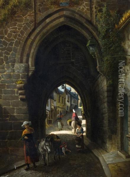 Archway Of The Porte Du Jersual Indinan, 
France With Figures. Oil Painting - William A. Breakspeare