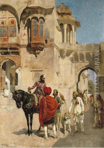 Departure For The Hunt In The Forecourt Of A Palace Ofjodhpore Oil Painting - Edwin Lord Weeks