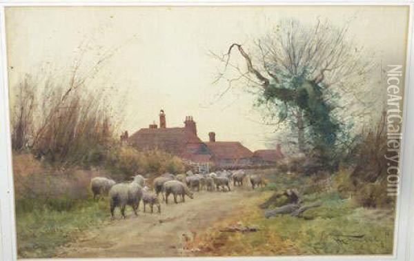 R.b.a. Country Landscape With 
Sheep On A Lane Approaching Cottages Signed And Dated 