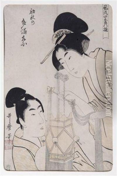 Kitigawa - Two Geishaswith Lantern Oil Painting - Utamaro Ii Kitagawa