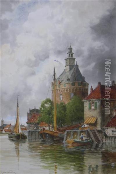 Dutch Canalscene Oil Painting - Hermanus Jr. Koekkoek