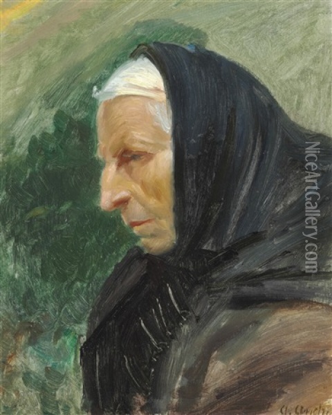 An Elderly Woman With A Black Scarf, Skagen Oil Painting - Anna Kirstine Ancher